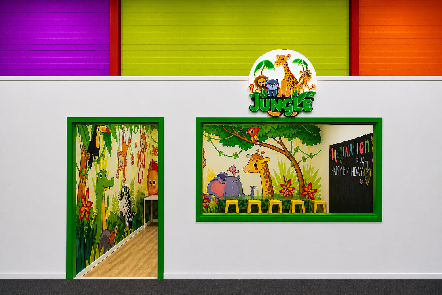Jungle themed party room at Imagination Kidz