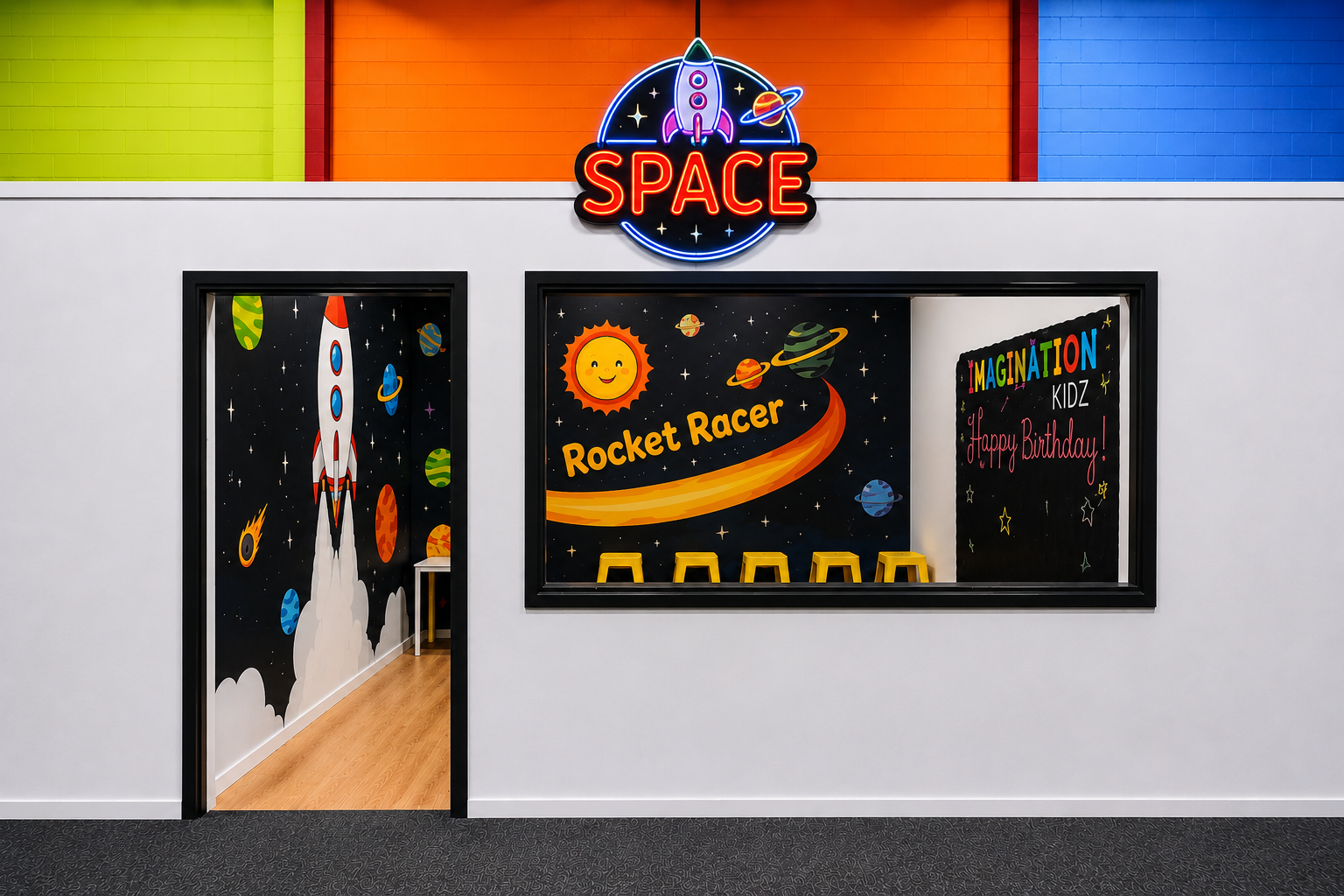 Space themed party room at Imagination Kidz